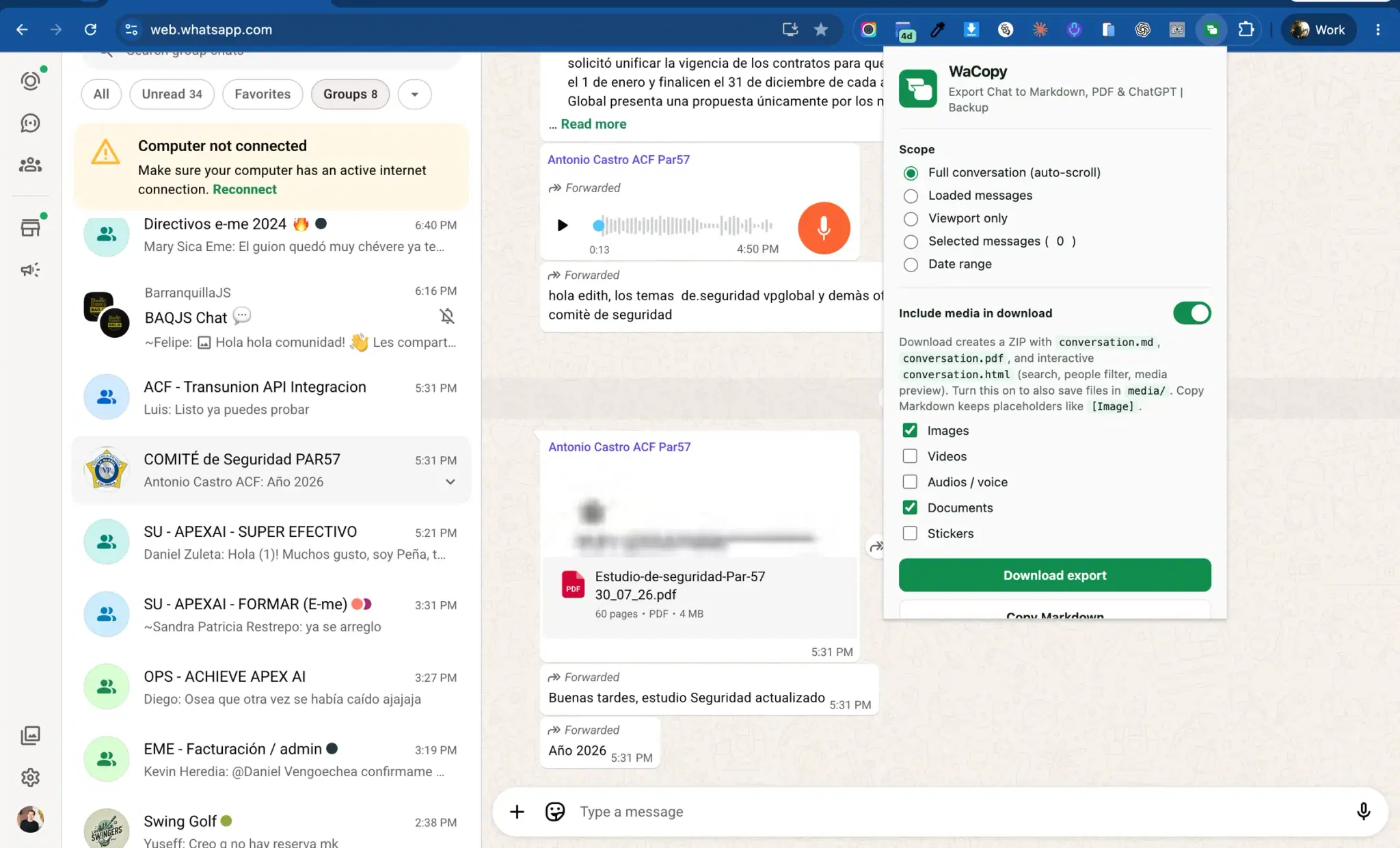WaCopy Chrome extension popup open over WhatsApp Web with Full conversation scope and Download export