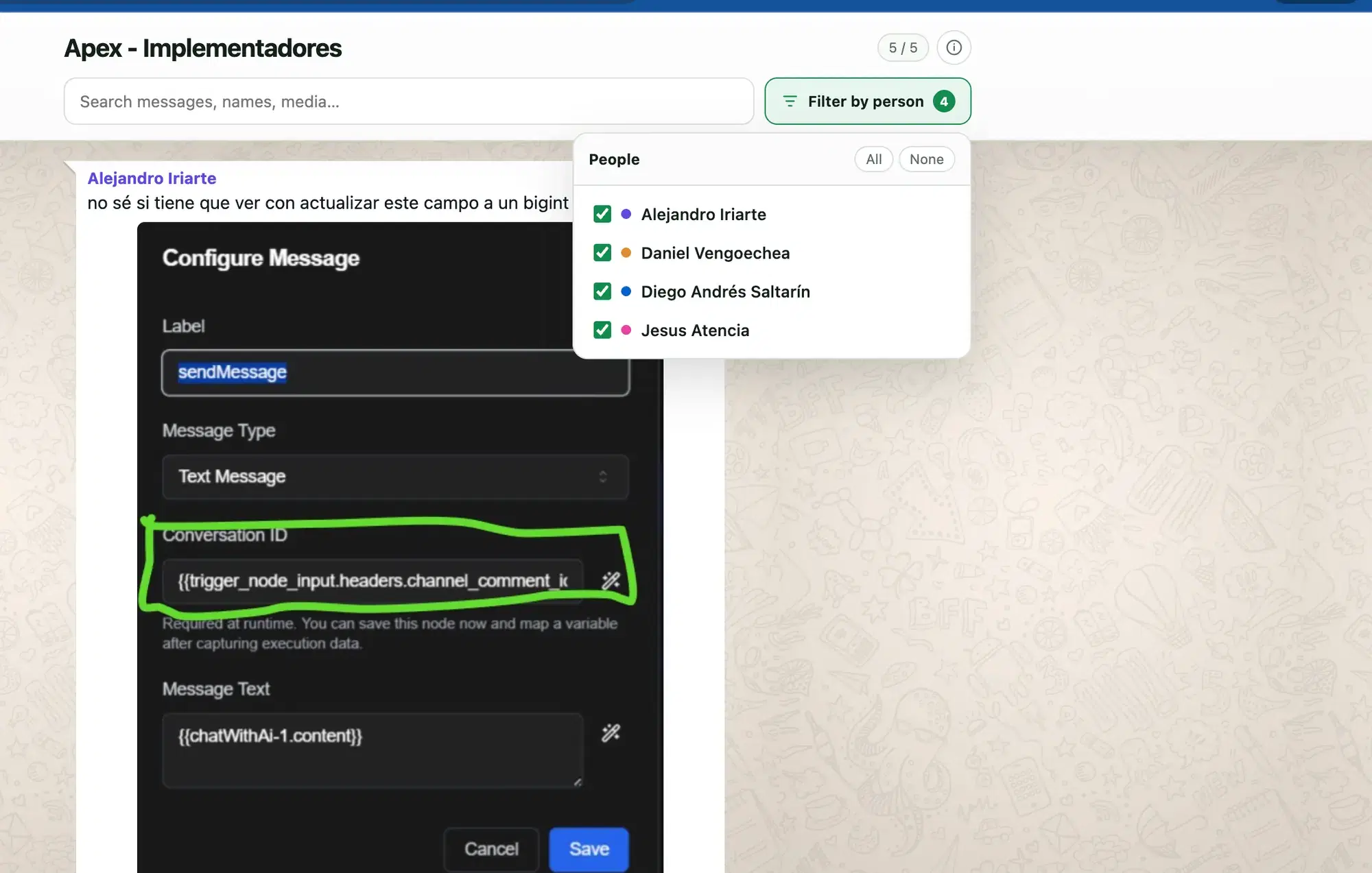 Exported conversation.html reader with search, match count and Filter by person menu open