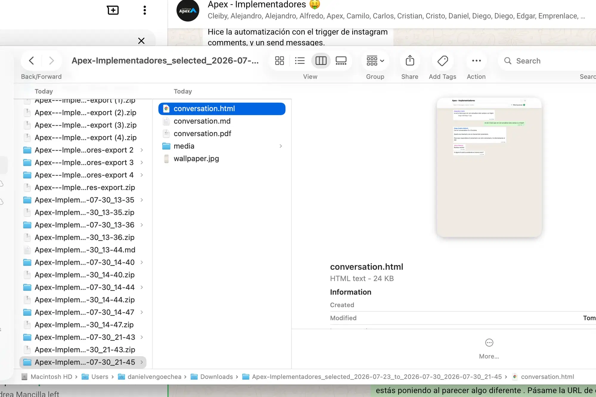 Finder window showing a WaCopy export with conversation.html, conversation.md, conversation.pdf and a media folder